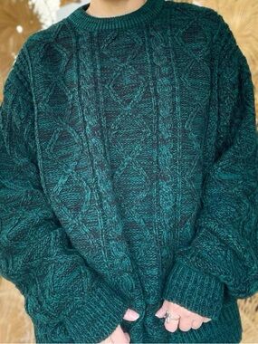 Timber Trail Chunky Green Black Blend Cable Knit Sweater Cozy Grandpa Cabincore